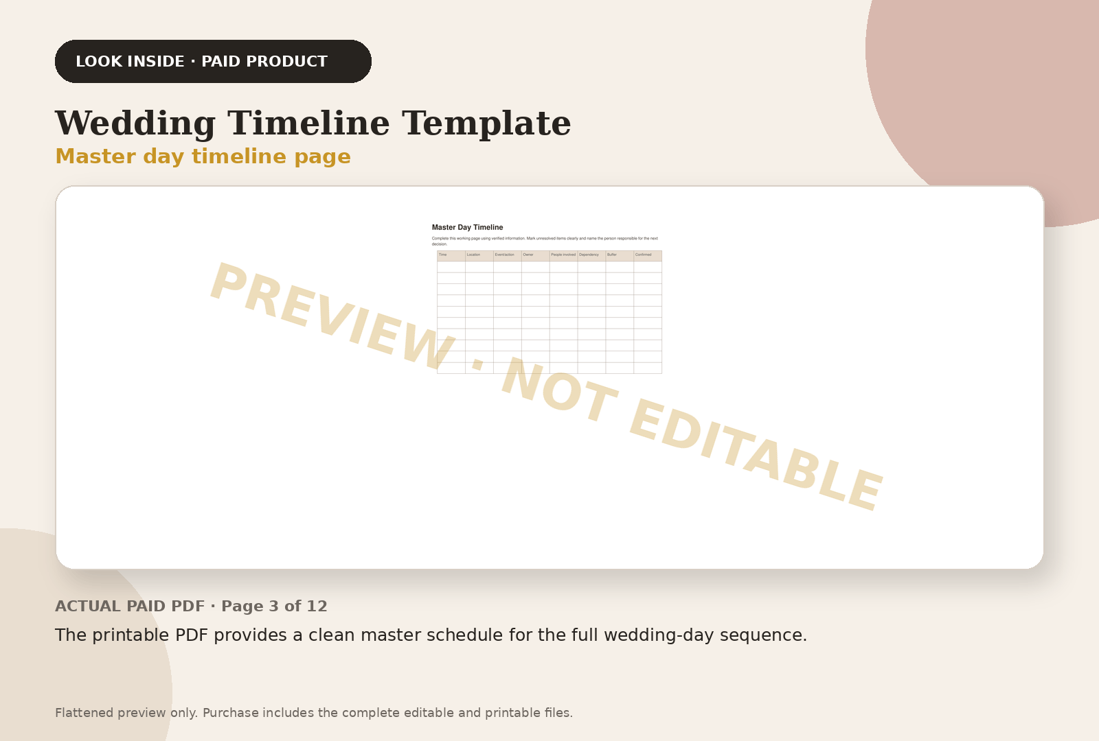 Wedding Timeline Template paid product preview showing master day timeline page