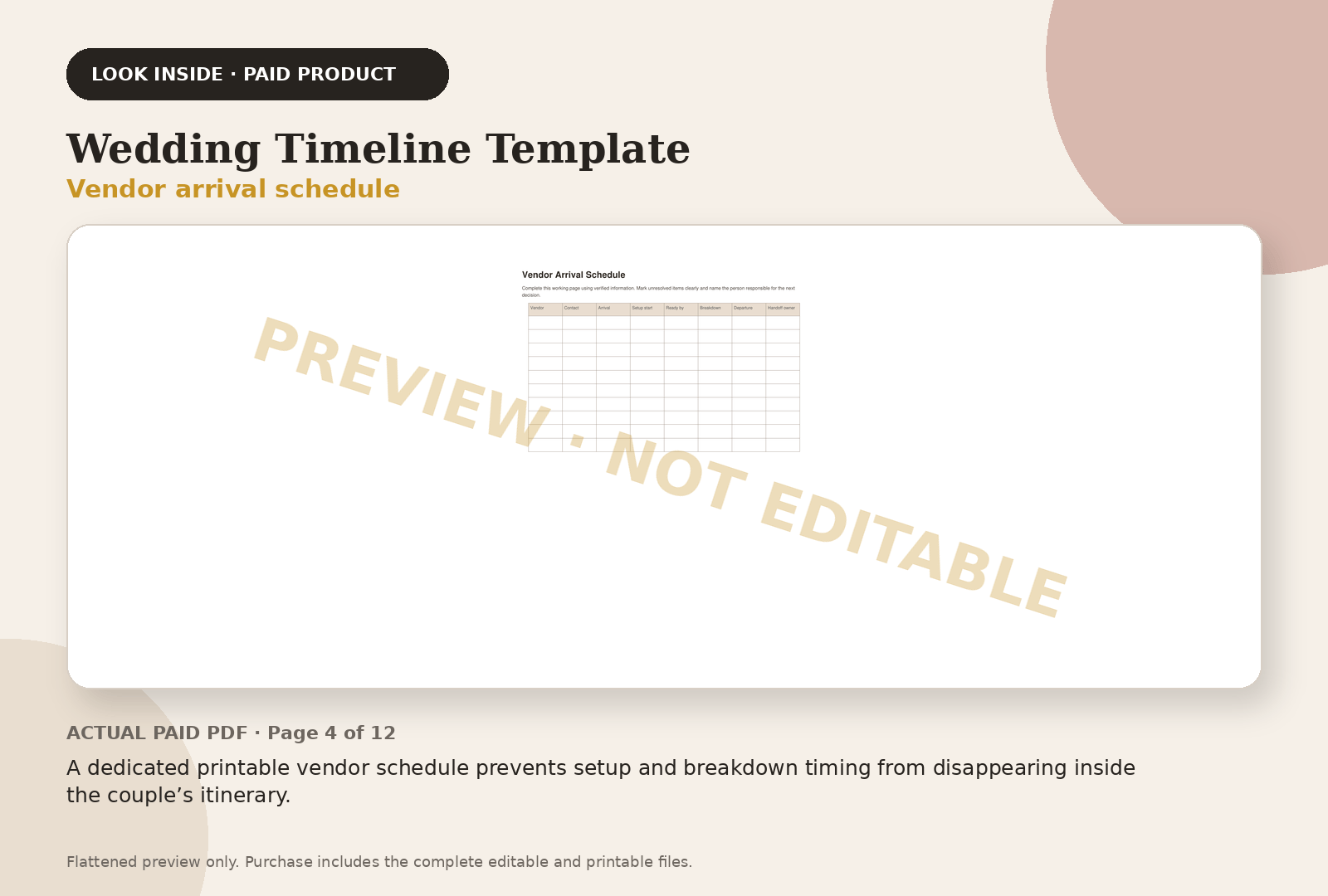 Wedding Timeline Template paid product preview showing vendor arrival schedule